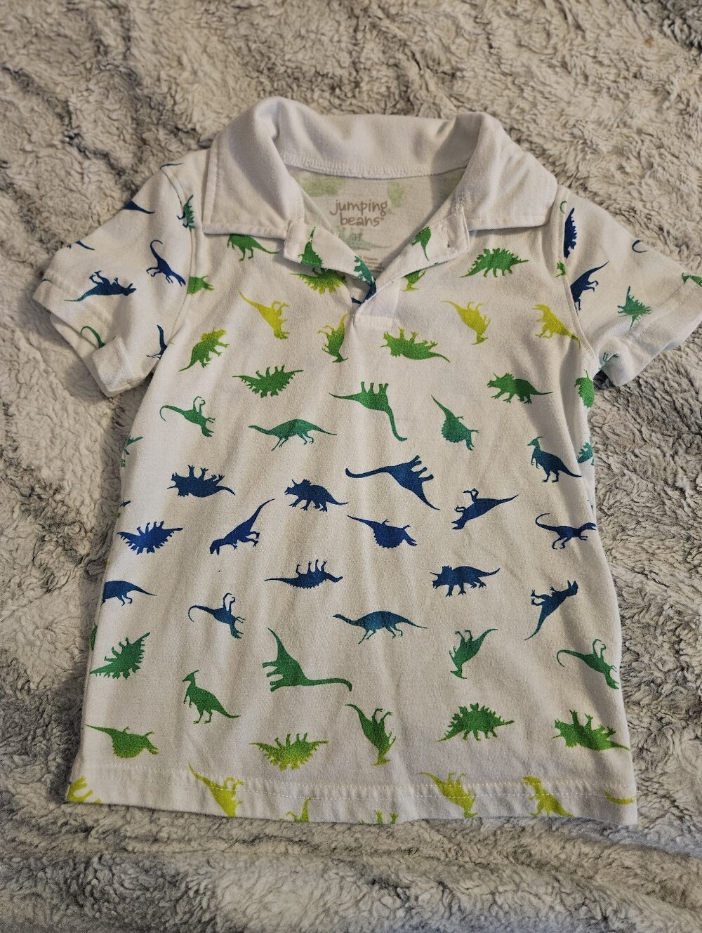 jumping beans White Polo with Blue, Green & Yellow Dinosaur Prints